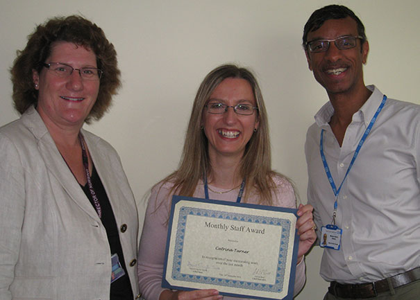 Alice Webster presents Catrina Turner with her award along with Mike Dickens Medical Education Manager