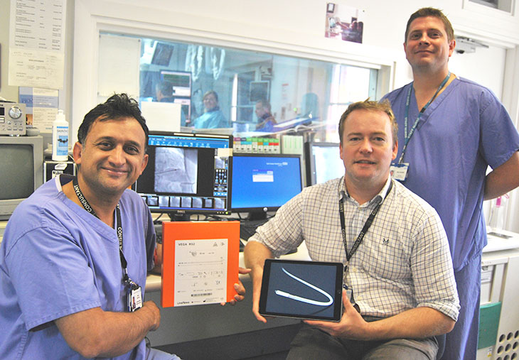 Consultant Cardiologists Prof Nikhil Patel and Dr Rick Veasey with Pacemaker and a magnified image of easy glide lead