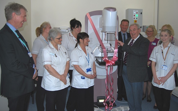 Cllr Colin Belsey opens new mammography machine with radiology team and Professor David Howlett, Consultant Radiologist 