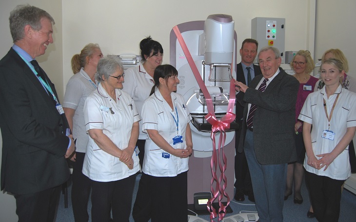Cllr Colin Belsey opens new mammography machine with radiology team and Professor David Howlett, Consultant Radiologist