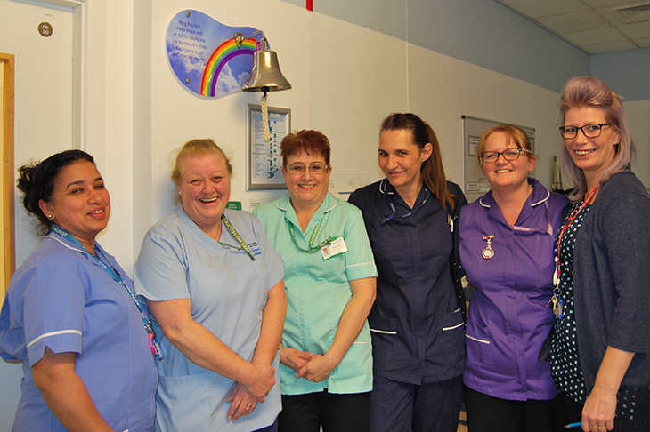 End of treatment bell with Matron Andrea Yardy and members of the Judy Beard Day Unit.