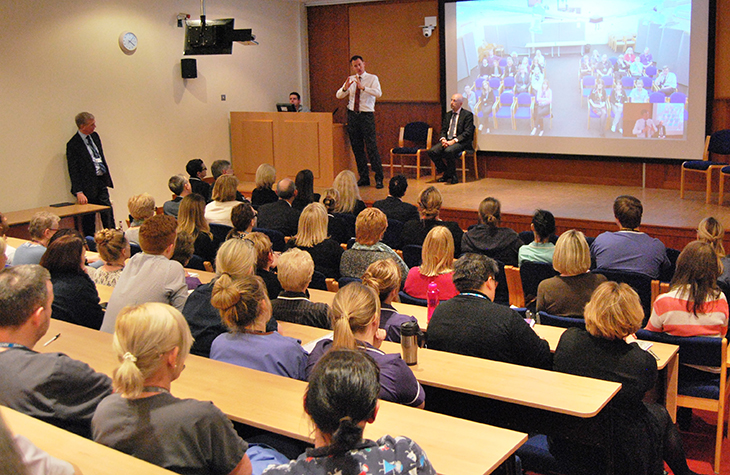 Secretary of State for Health, Jeremy Hunt talks to members of staff at Eastbourne DGH and via video link to Conquest Hospital