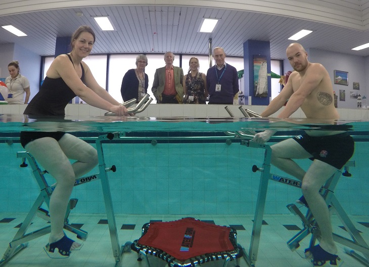 Anna Carter, Clinical lead aquatic physiotherapist, Cameron Brew, Physiotherapist with Friends Representatives Sue Duffell, Peter Skilbeck, Trish Hamblin and Peter Nash.