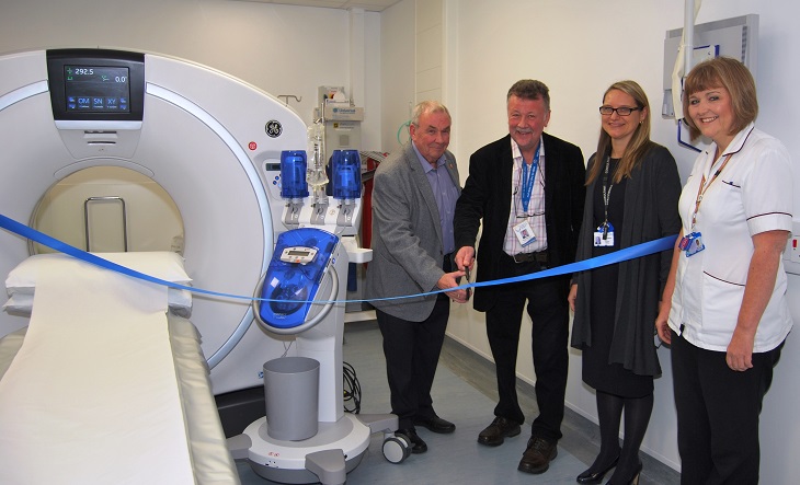 Colin Belsey, Chairman of East Sussex Health Overview and Scrutiny Committee with Harry Walmsley, Chairman Friends of Eastbourne Hospital. Dr Gillian Watson, Consultant Radiologist and Rebecca Ayling, CT Superintendent Radiographer