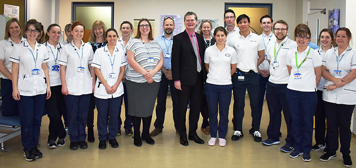 Stephen Lloyd with physiotherapy staff, Kate Dick Professional Lead Physiotherapist (second left from Stephen Lloyd)