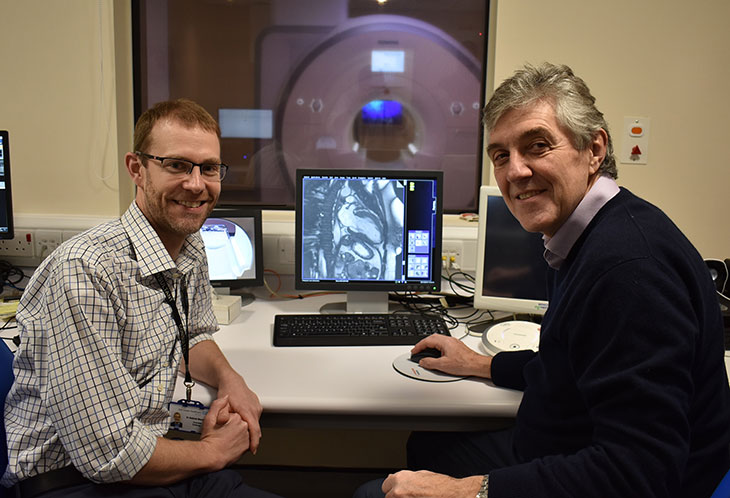 Consultant Cardiologist Dr Andrew Marshall and Consultant Radiologist Dr John Giles viewing the MRI heart scan