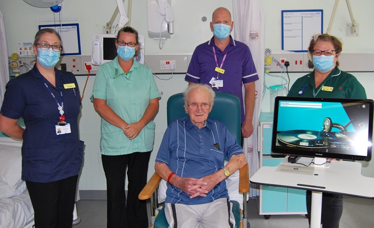 Sister Elizabeth Grant, Health Care Assistant Tracey Grant, MacDonald Matron Mark Chamberlain, Alison Tucker, Associate Practitioner with the Dementia Care Team, Patient Derek Bennett.