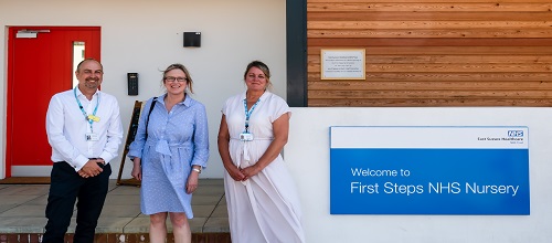 Sally-Ann Hart MP, Steve Aumayer CPO, Jacquie Fuller Staff Engagement Wellbeing Manager, outside First Steps Nursery_wide