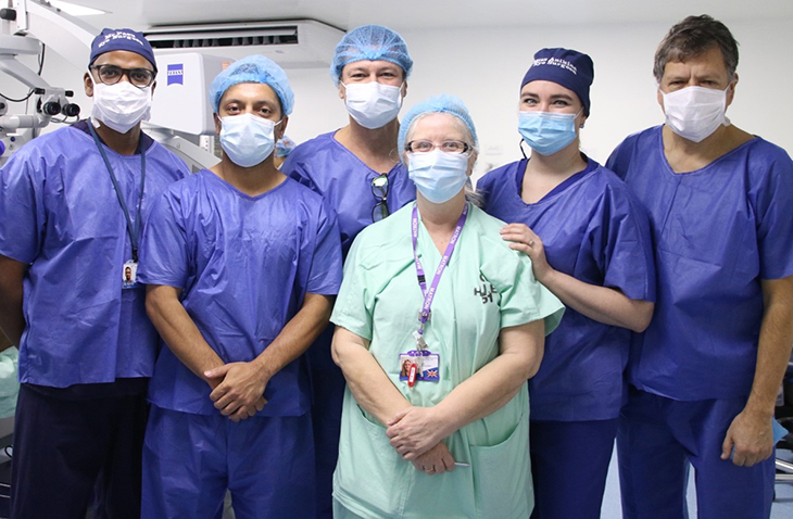 Left to right: Saruban Pasu - Consultant Ophthalmologist, Kanchan Sharma - Consultant Neurologist from Bristol, Dr Supralano - Consultant Ophthalmologist from Columbia, Lesley Carter - Matron, Jen Anikina - Consultant Ophthalmologist from Reading, Manuel Saldana - Consultant Ophthalmologist.