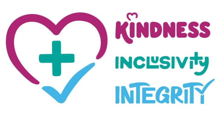 Our values heart logo and the words Kindness, Inclusivity and Integrity