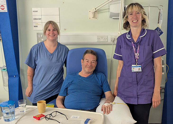 Clare Martin (SACT RGN – JBDU/CONQ), Chris Kimber (Patient) and Hannah Davis (Nurse Team Ward Manager)